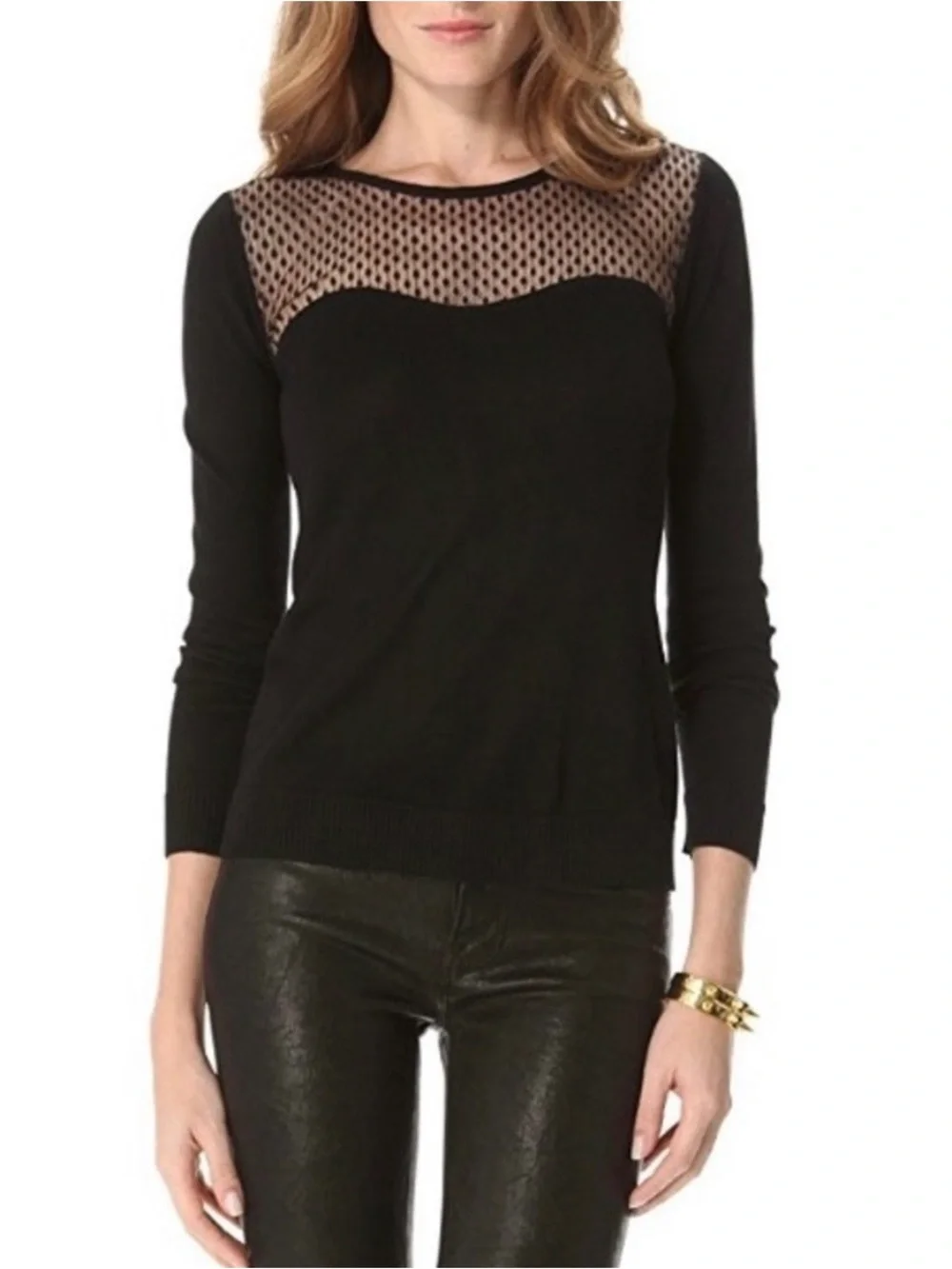 Diane von Furstenberg Rosita Top Lace Black Silk Blend Illusion Knit Sweater S